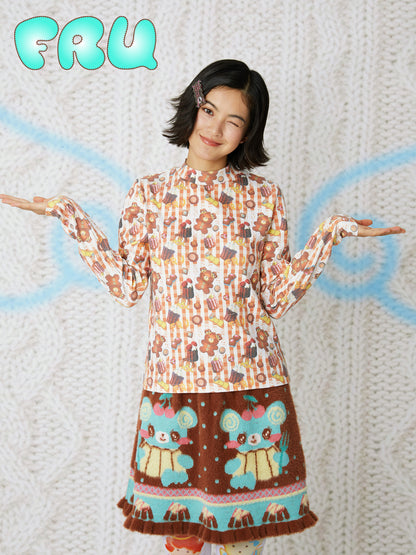 frufru - Kawaii Cookie Print Waffle Tee Long Sleeve Cotton Base Layer shirt frufru