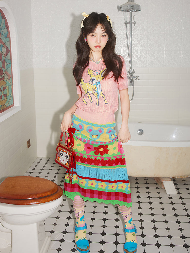 tntntutu Bear Knit Skirt | Colorful Floral Crochet Midi Skirt | Elastic Waist A-line Skirt skirt tntntutu