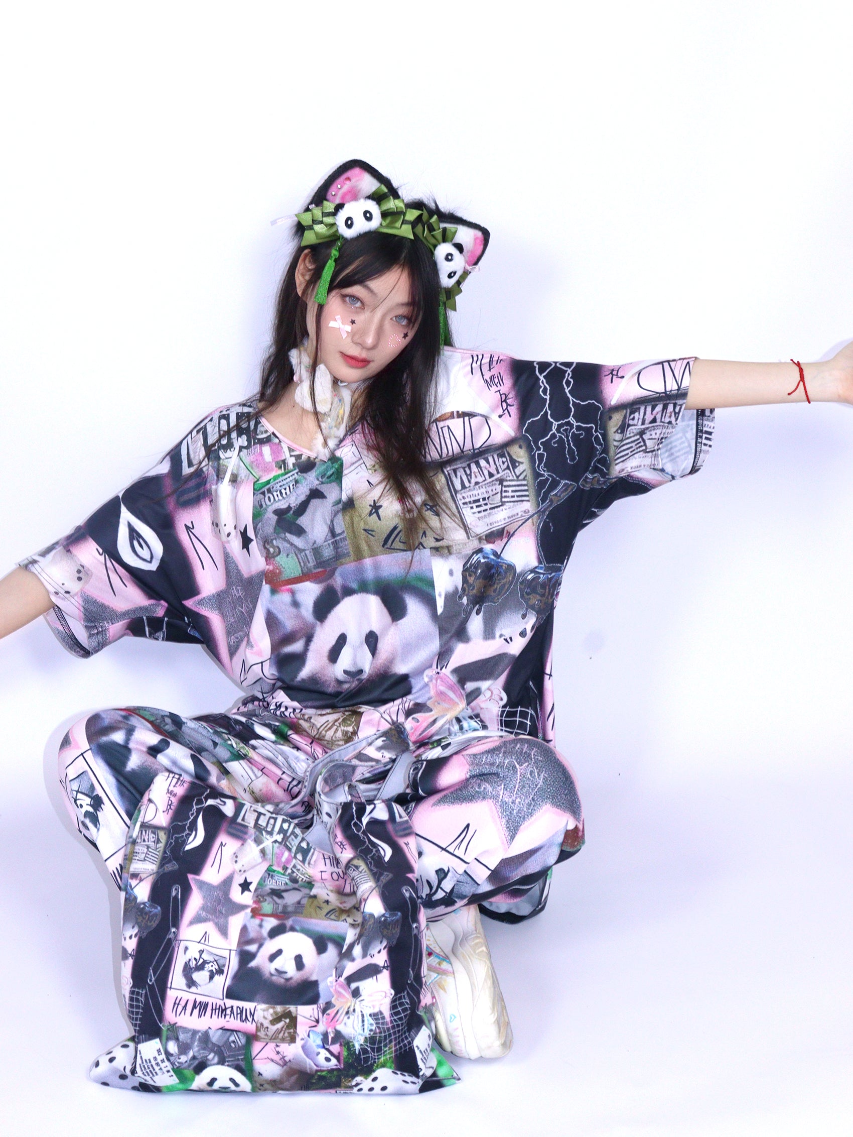 LEERROO - Y2K Panda Print Cold Shoulder Top shirt Leerroo