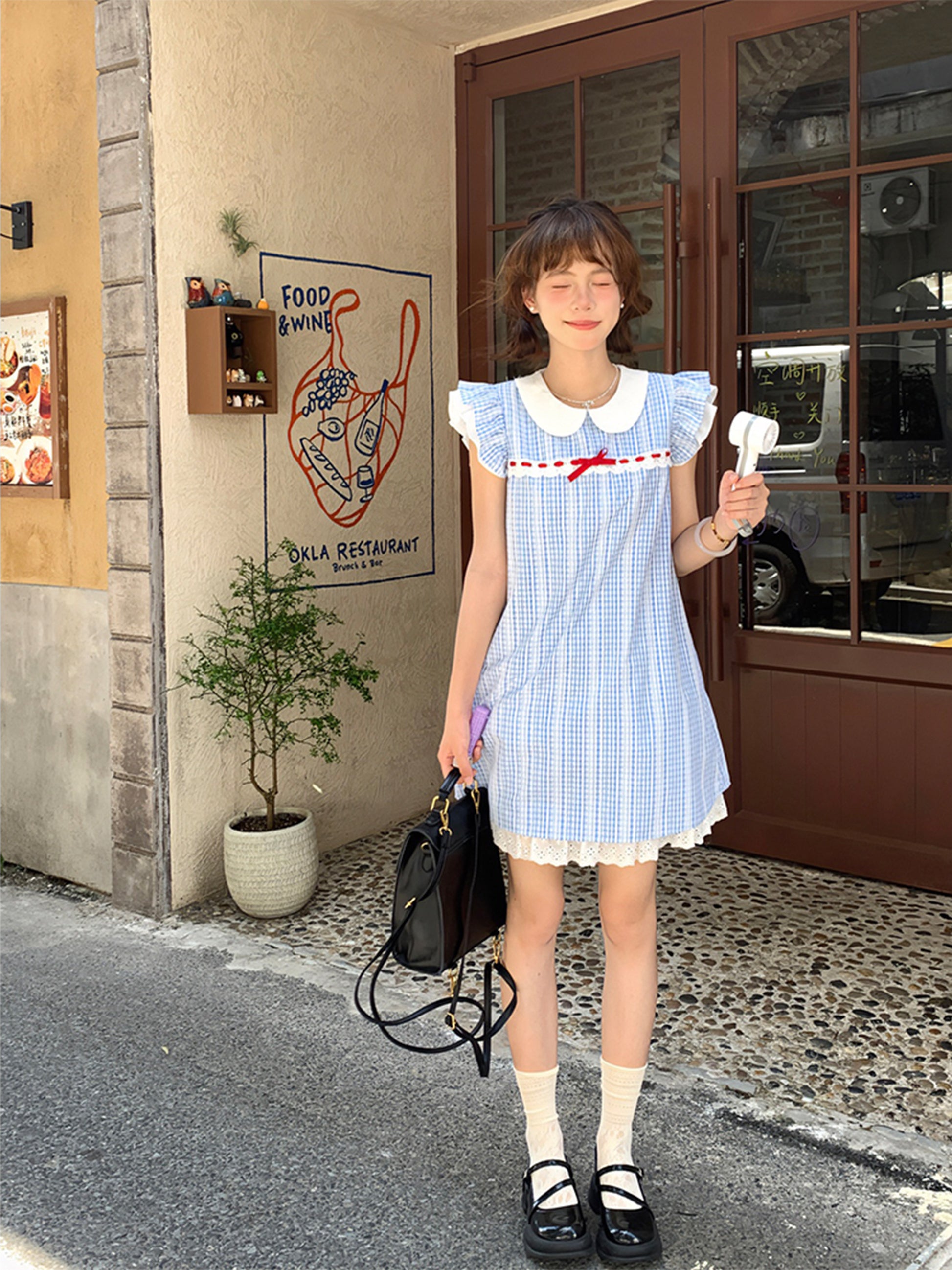 Sinsingirl - Kawaii Blue Plaid Flutter Sleeve Midi Dress dress sinsingirl