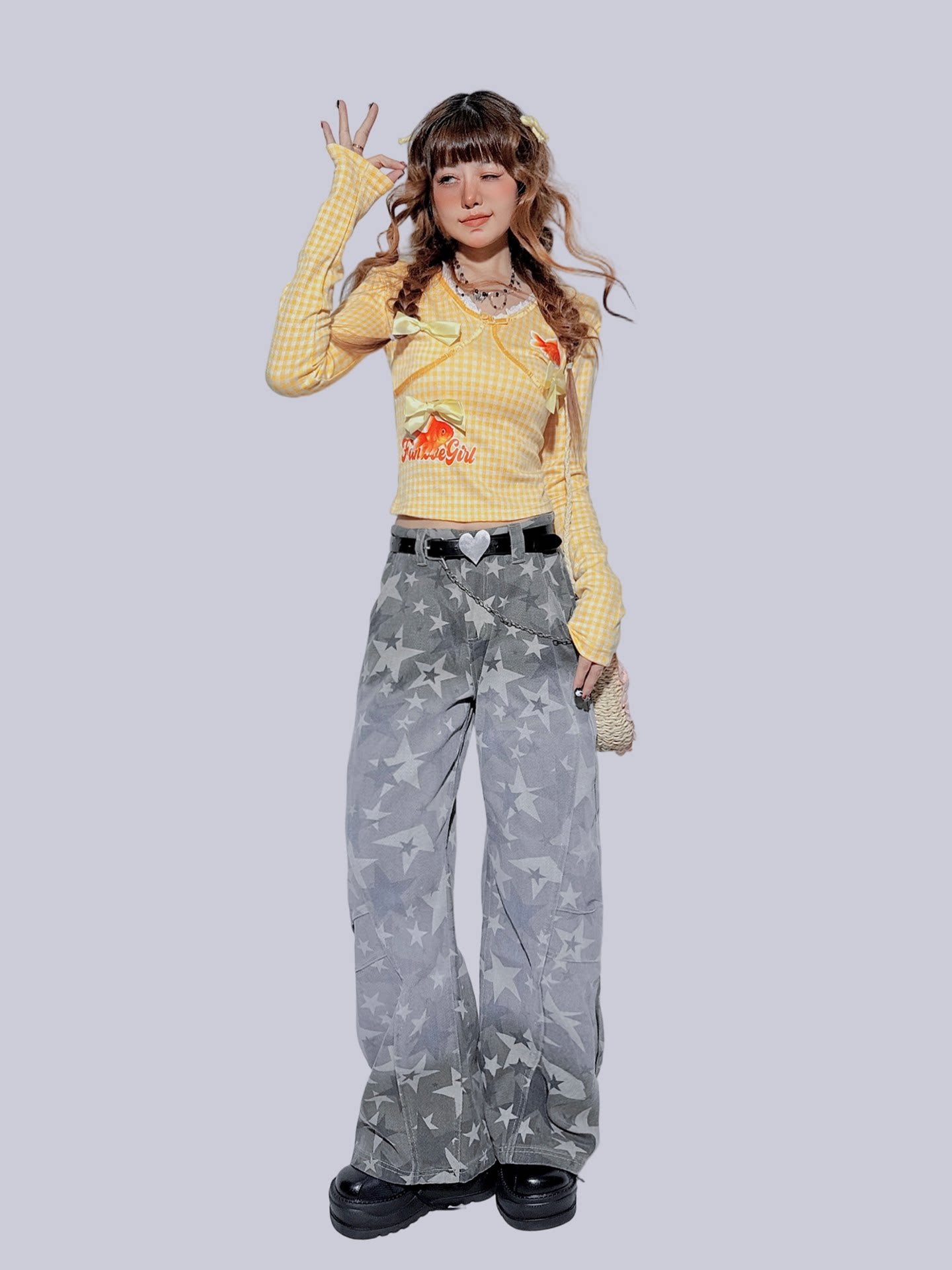 FANLOVEGIRL - Yellow Plaid Bow Embroidered Top shirt FANLOVEGIRL