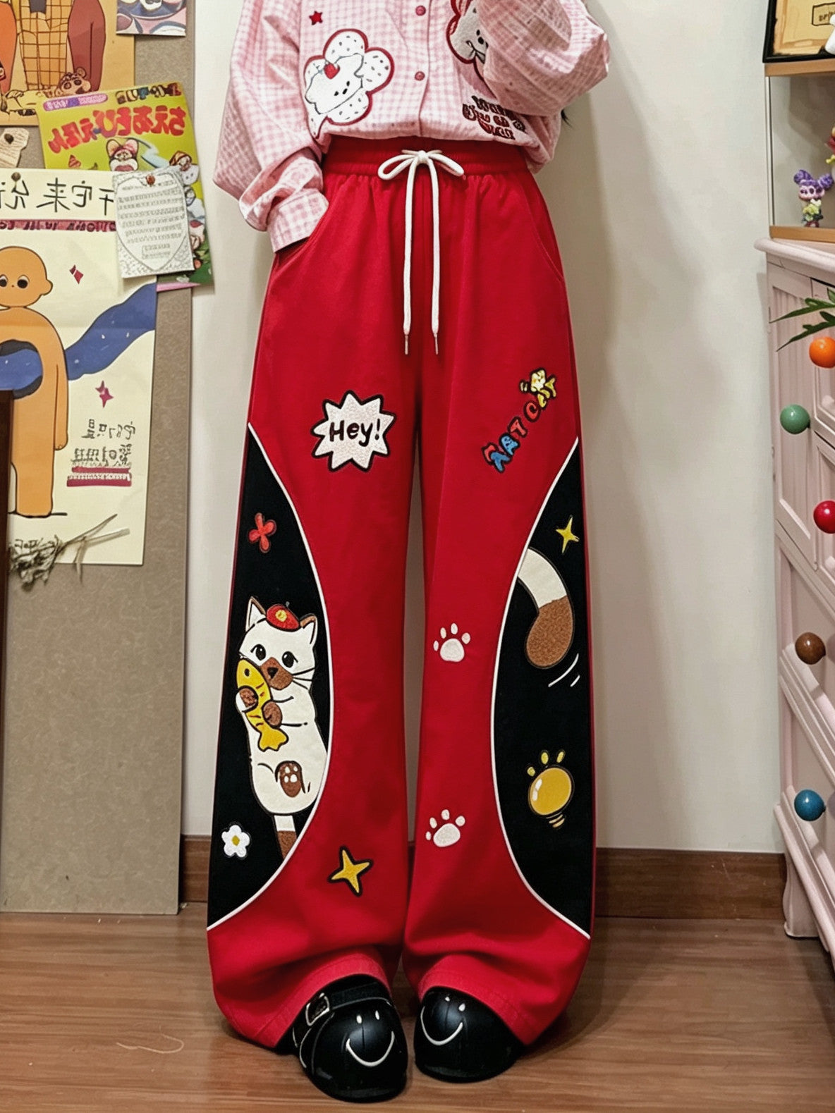 BIBULU - Red Cat Embroidered Wide-Leg Pants pants BIBULU