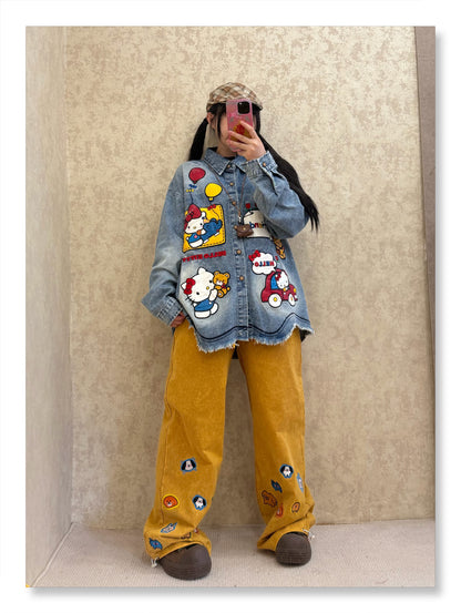 BIBULU - Kidcore Cartoon Embroidered Denim Shirt blouse BIBULU