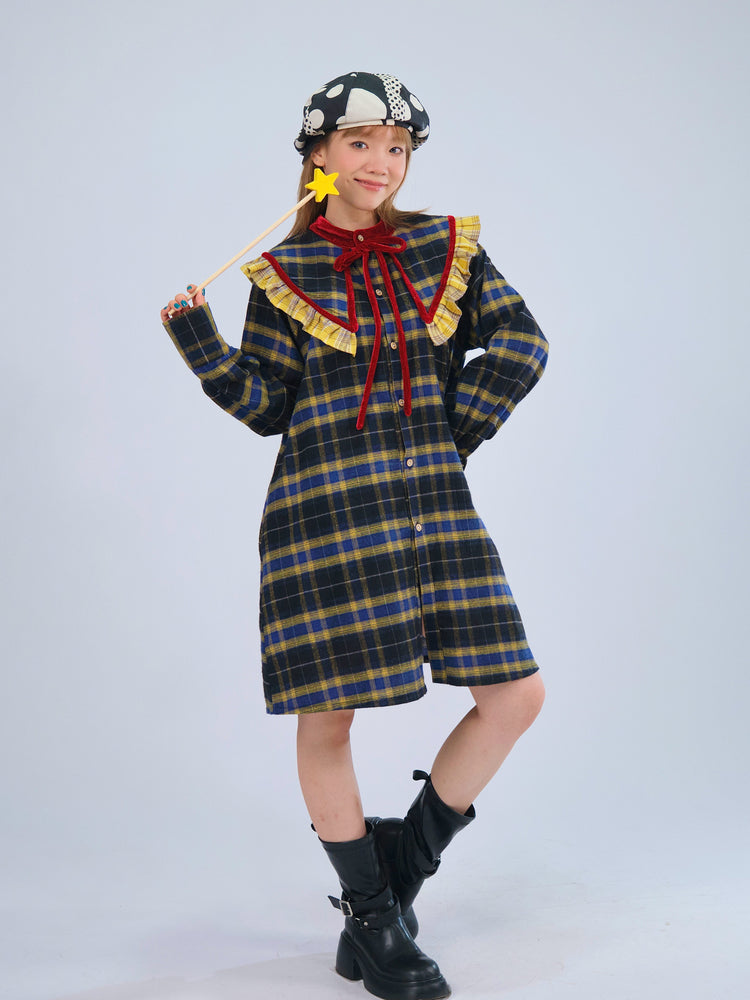MeowMeow Bug - Vintage Plaid Bow Shirt Dress