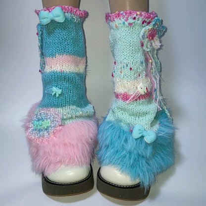 Blue Pink Knit Slouch Leg Warmers leg warmmers Handmade