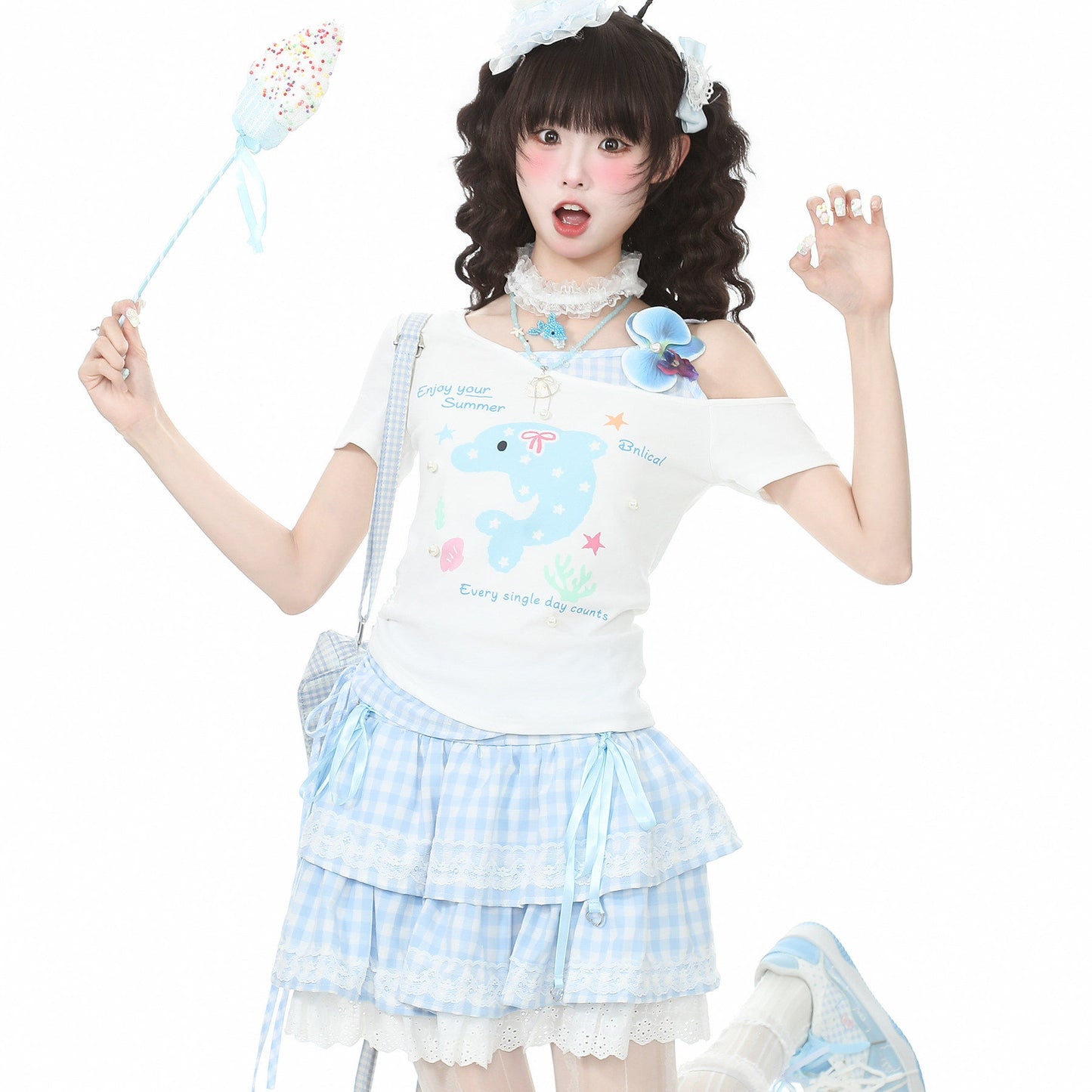 Languid Park - Floral Bow Off Shoulder Tee tshirt Languid Park Blue S