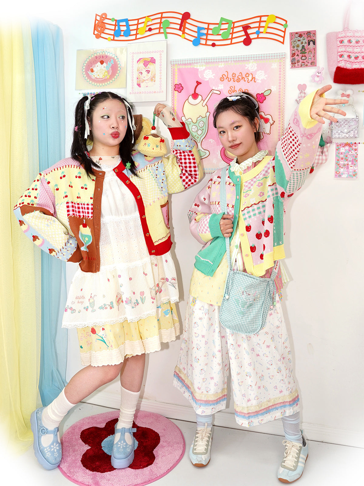 shishihshop Strawberry Puppy Cardigan | Cake Knit Cardigan | Colorblock Oversized Sweater cardigan shishihshop