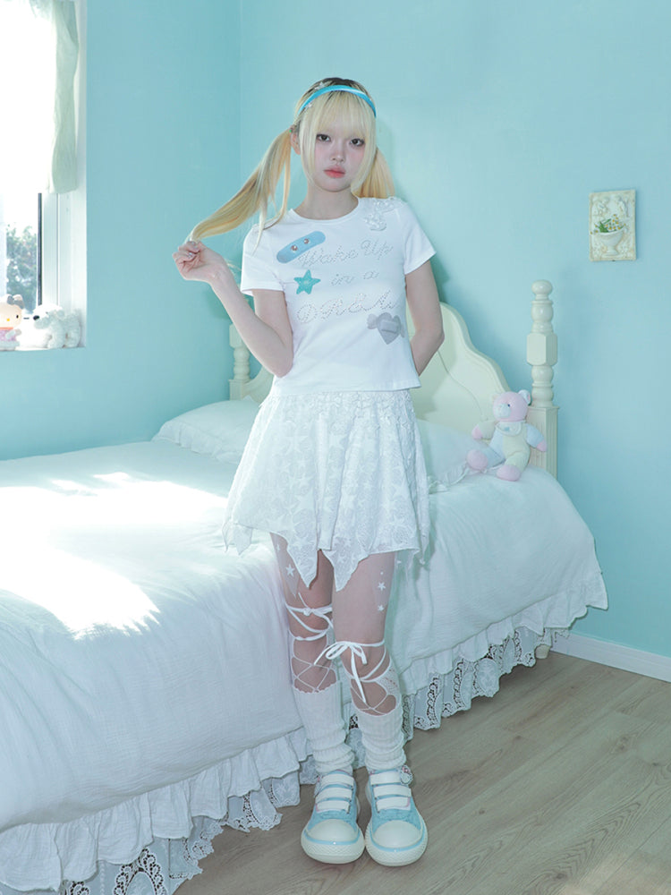 Hashtag DDD – White Dreamy T-shirt with Patchwork Bow Rhinestone tshirt Hashtag DDD