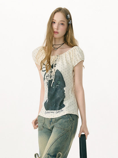 ziziFei - Cat Star Off-Shoulder Bubble Sleeve Tee tshirt ziziFei