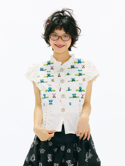 sillysis - Colorful Lace Puff Sleeve Blouse shirt sillysis