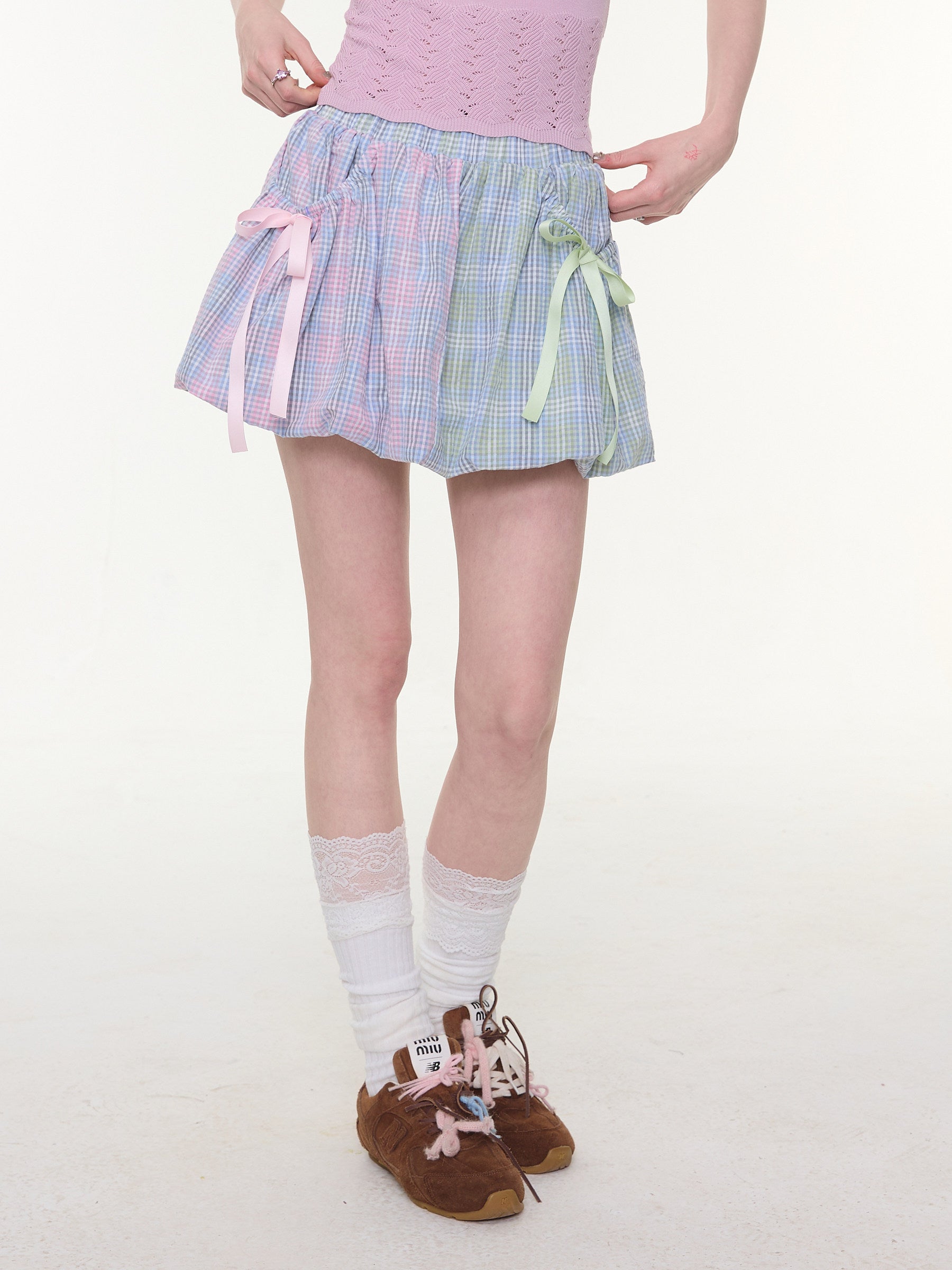 ziziFei - Rainbow Plaid Bow Mini Skirt skirt ziziFei