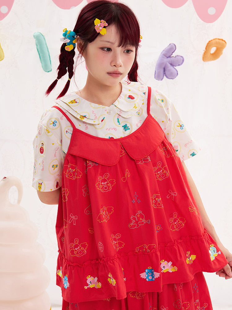 NIKKOU Adjustable Cotton Tank | Kawaii Embroidered Red Camisole Top camisole Nikkou home