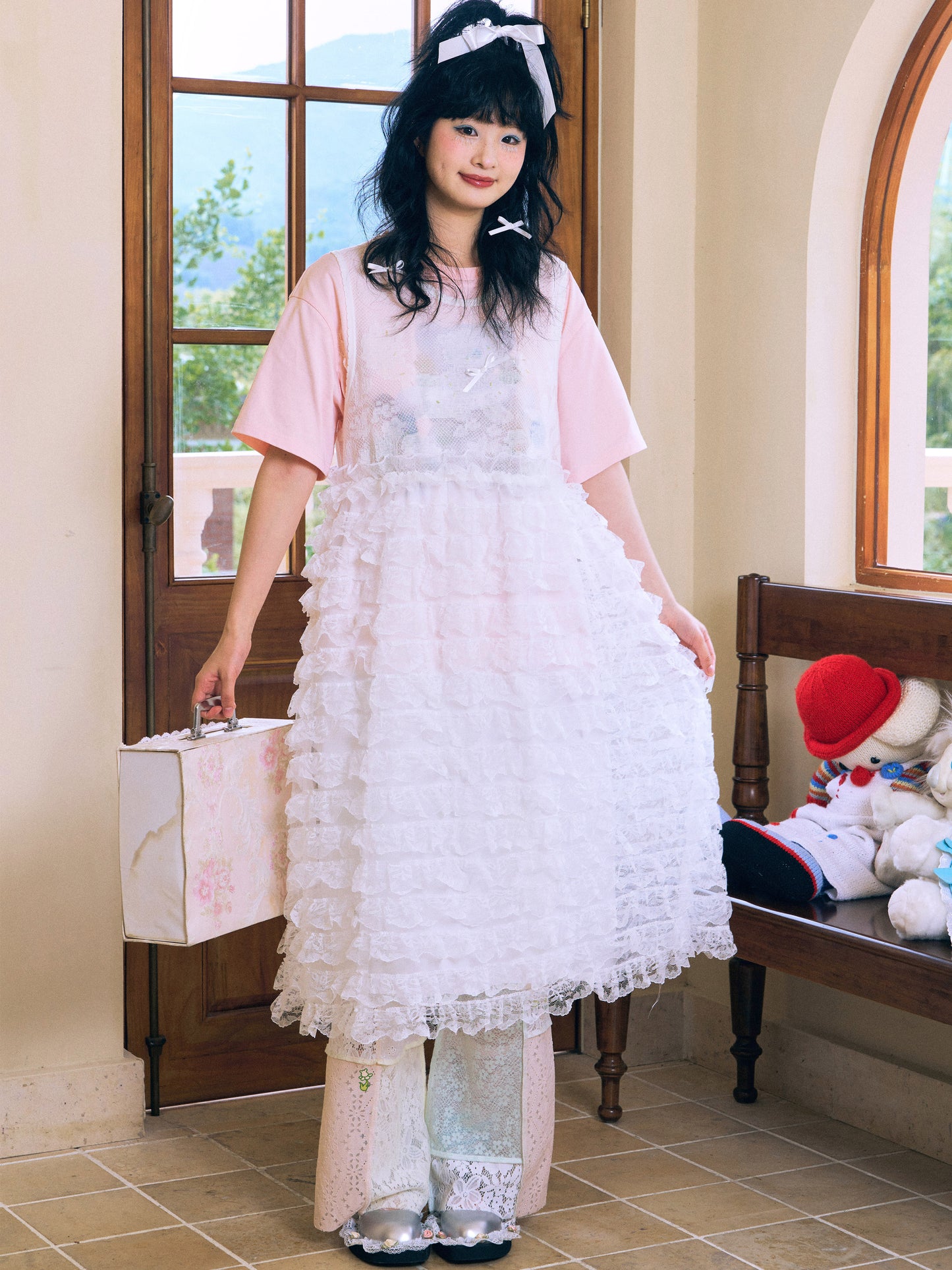 HELPHELP Harajuku Garden Series Knitted Jacquard Mesh Lace Hem Dress