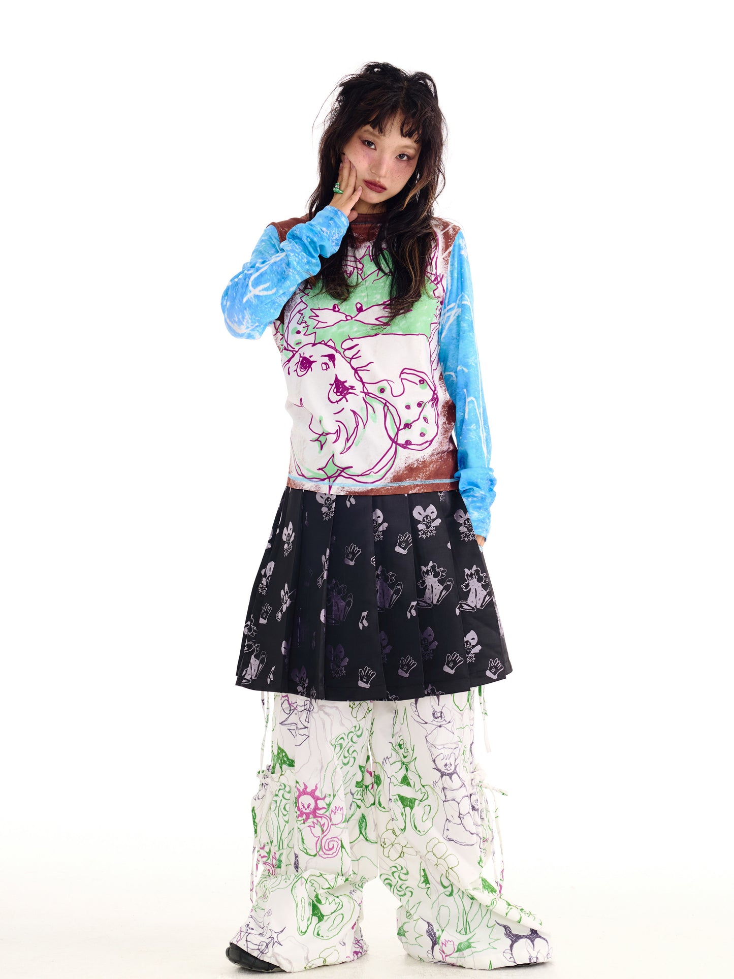 sillysis蓝色涂鸦印花宽松弹力针织长袖打底衫薄款T恤 shirt sillysis