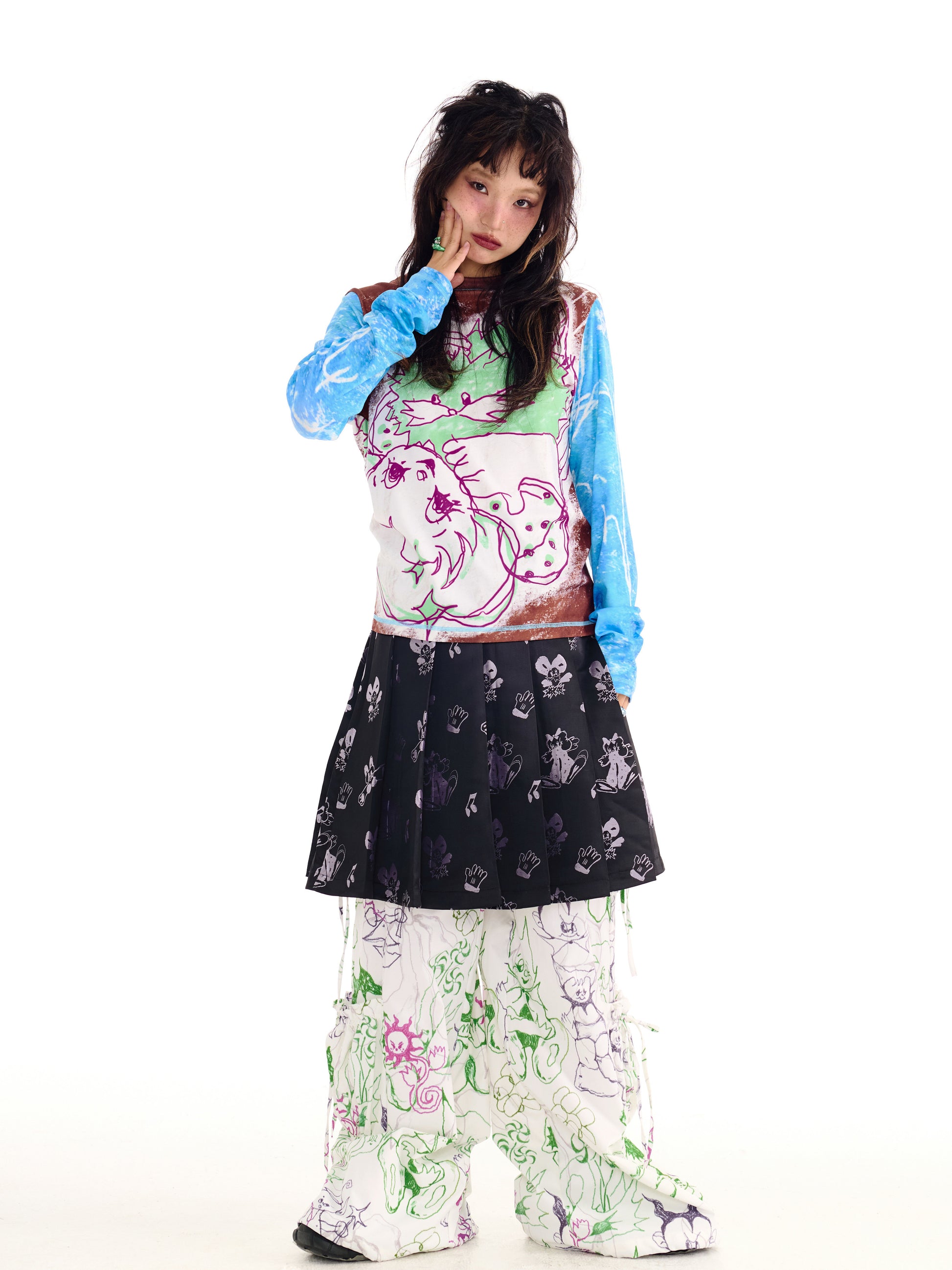 sillysis蓝色涂鸦印花宽松弹力针织长袖打底衫薄款T恤 shirt sillysis