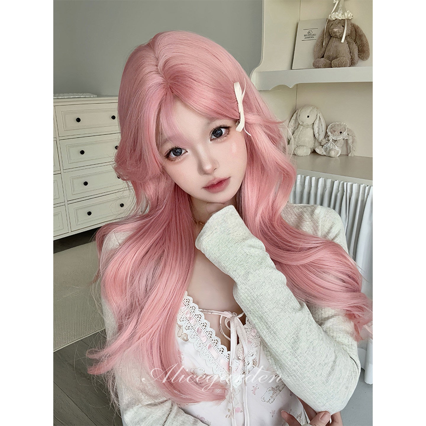 Alice Garden - Coral Pink Long Curly Wig | Sweet Lolita Korean Girly Hair wig Alice Garden