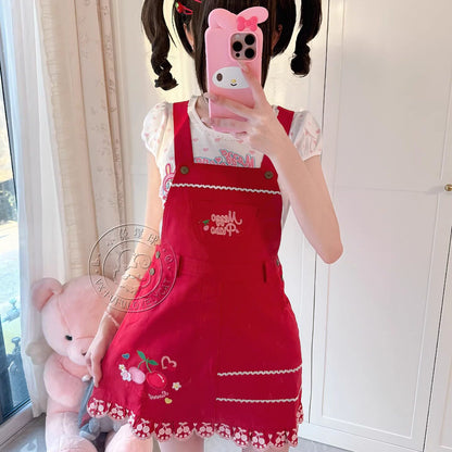 Bunny Planet - Jojifuku Cherry Red Embroidered Pinafore Dress dress bunnyplanet
