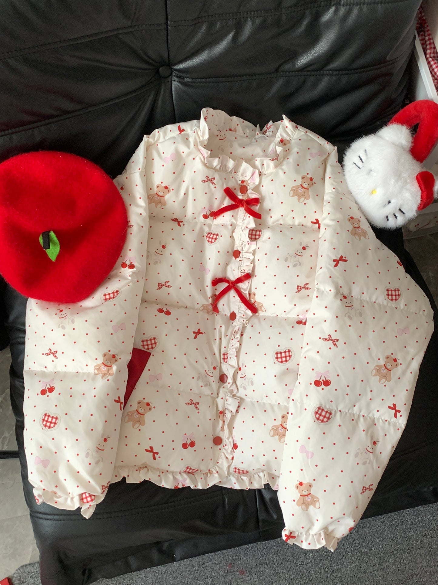 Blurred Bear - Kawaii Bow Print Puffer Jacket jacket Blurred Bear