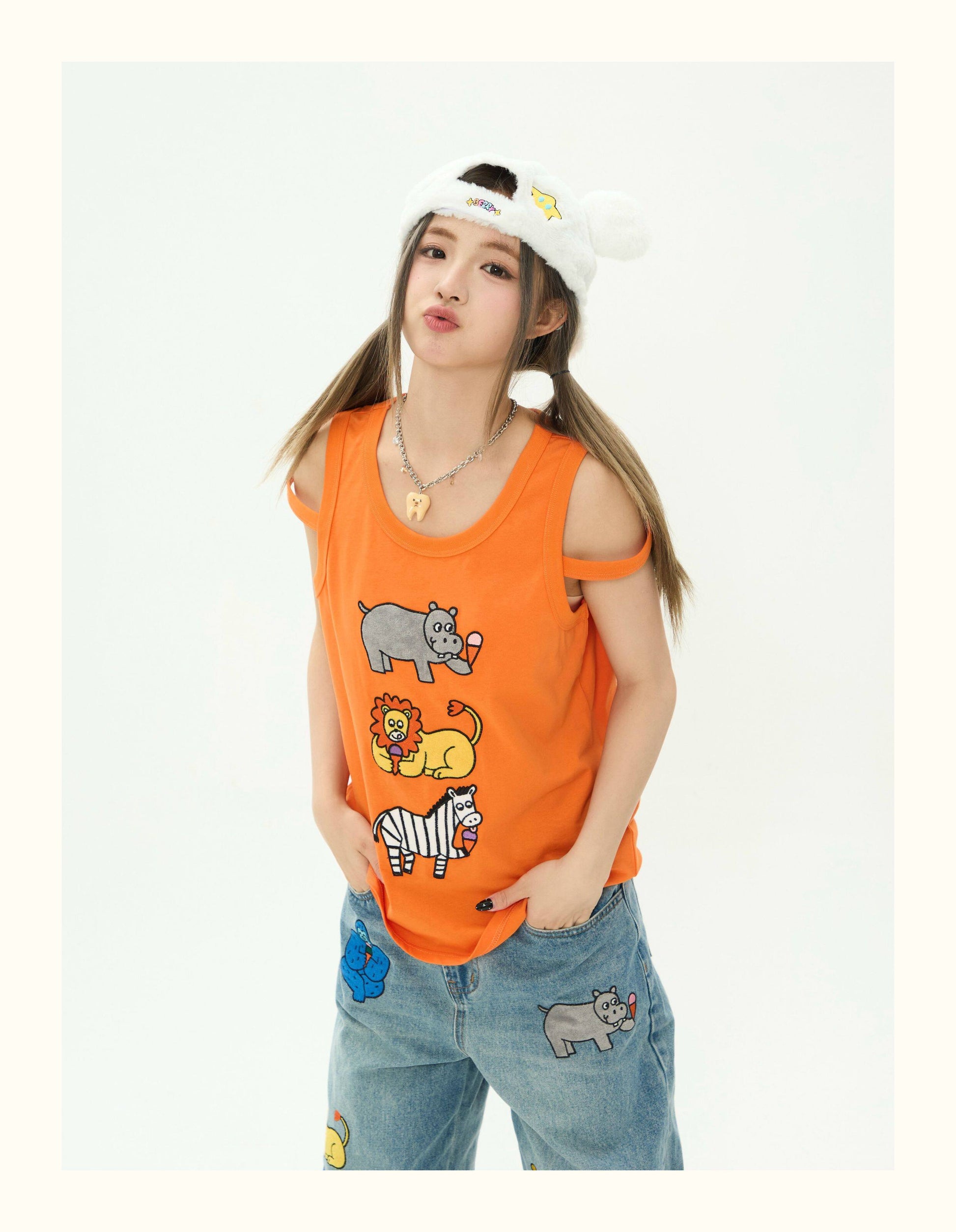 Robootoo - Orange Cartoon Embroidered Sleeveless Top tee Robootoo