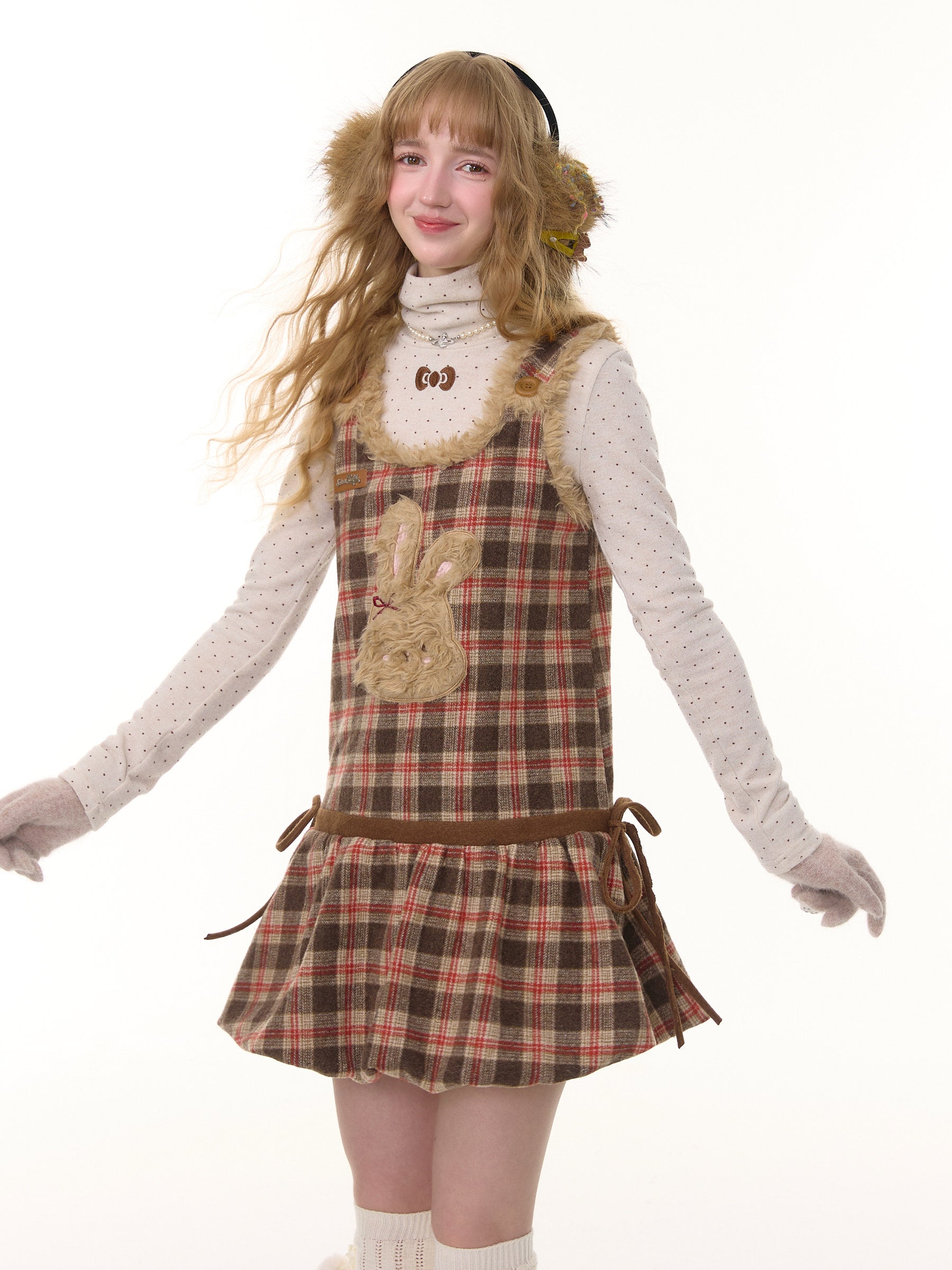 ziziFei - Brown Plaid Bunny Vest Dress dress ziziFei