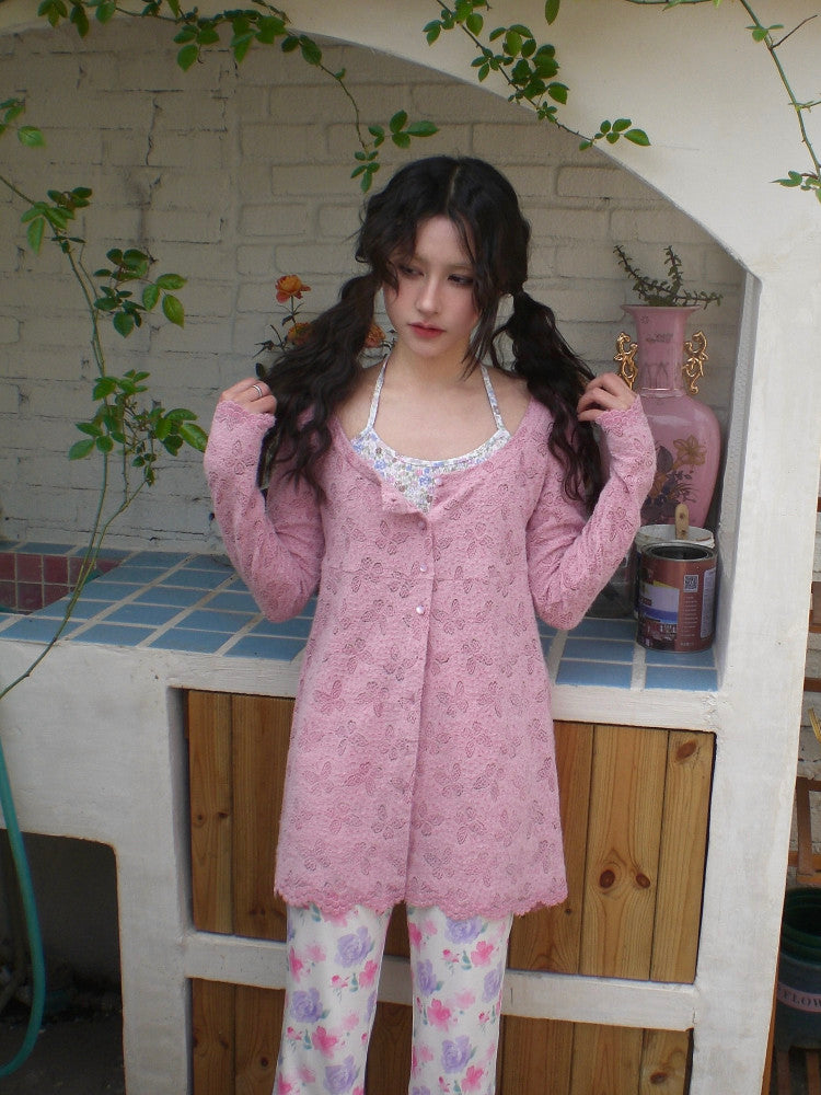 HIBABAO - Pink Butterfly Lace Cardigan Top cardigan HIBABAO