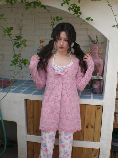 HIBABAO - Pink Butterfly Lace Cardigan Top cardigan HIBABAO