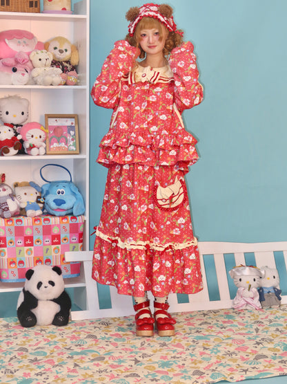 LULULULU - Kawaii Dessert Time Red Apple Print Blouse & Skirt Set set LULULULU
