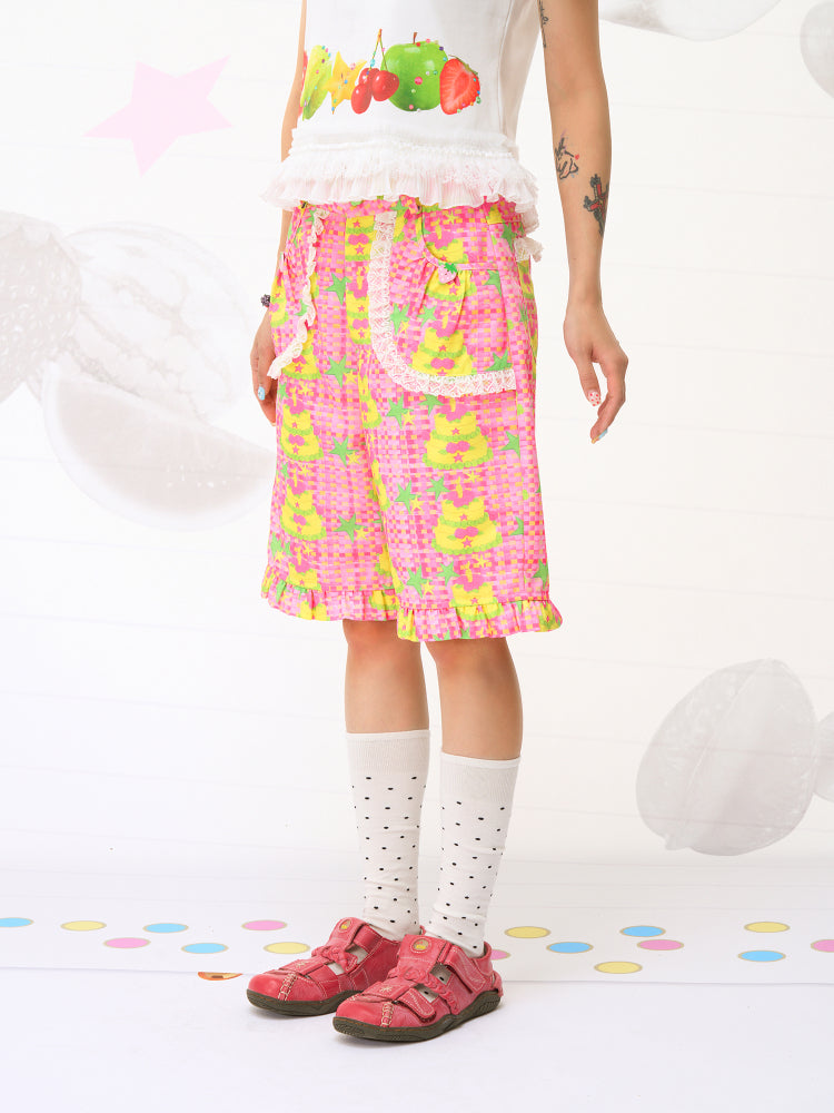 FRUITS Cake Illustration Shorts | Lace-Trimmed Culottes pants Fruits