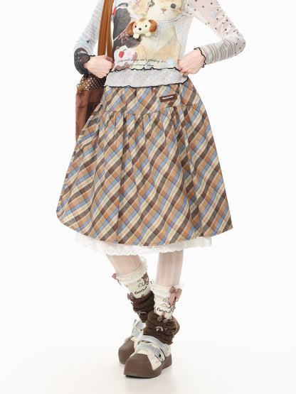 Languid Park - Lace Trim Plaid Midi Skirt
