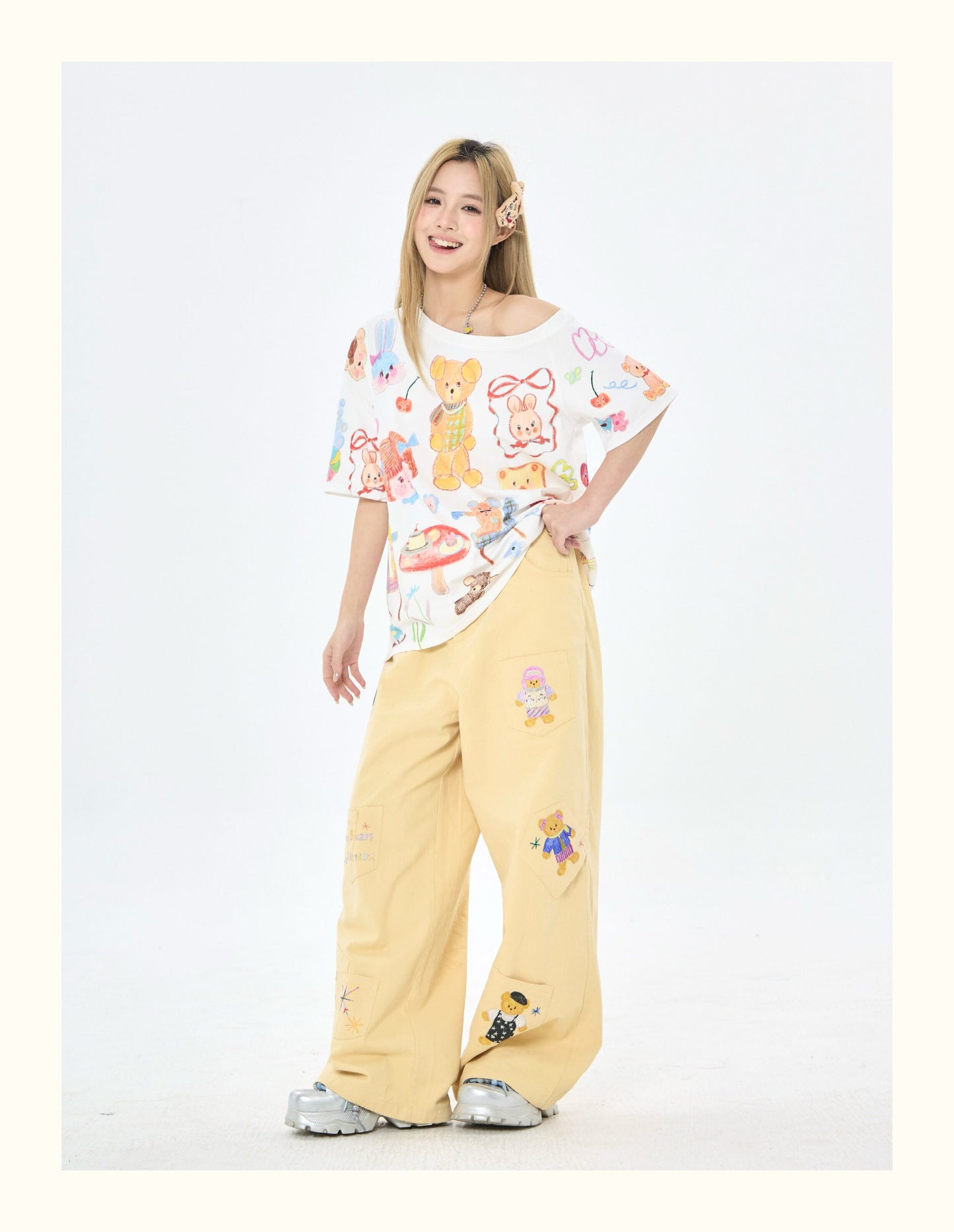 Robootoo - White Bear Tea Party Off-Shoulder T-Shirt tshirt Robootoo