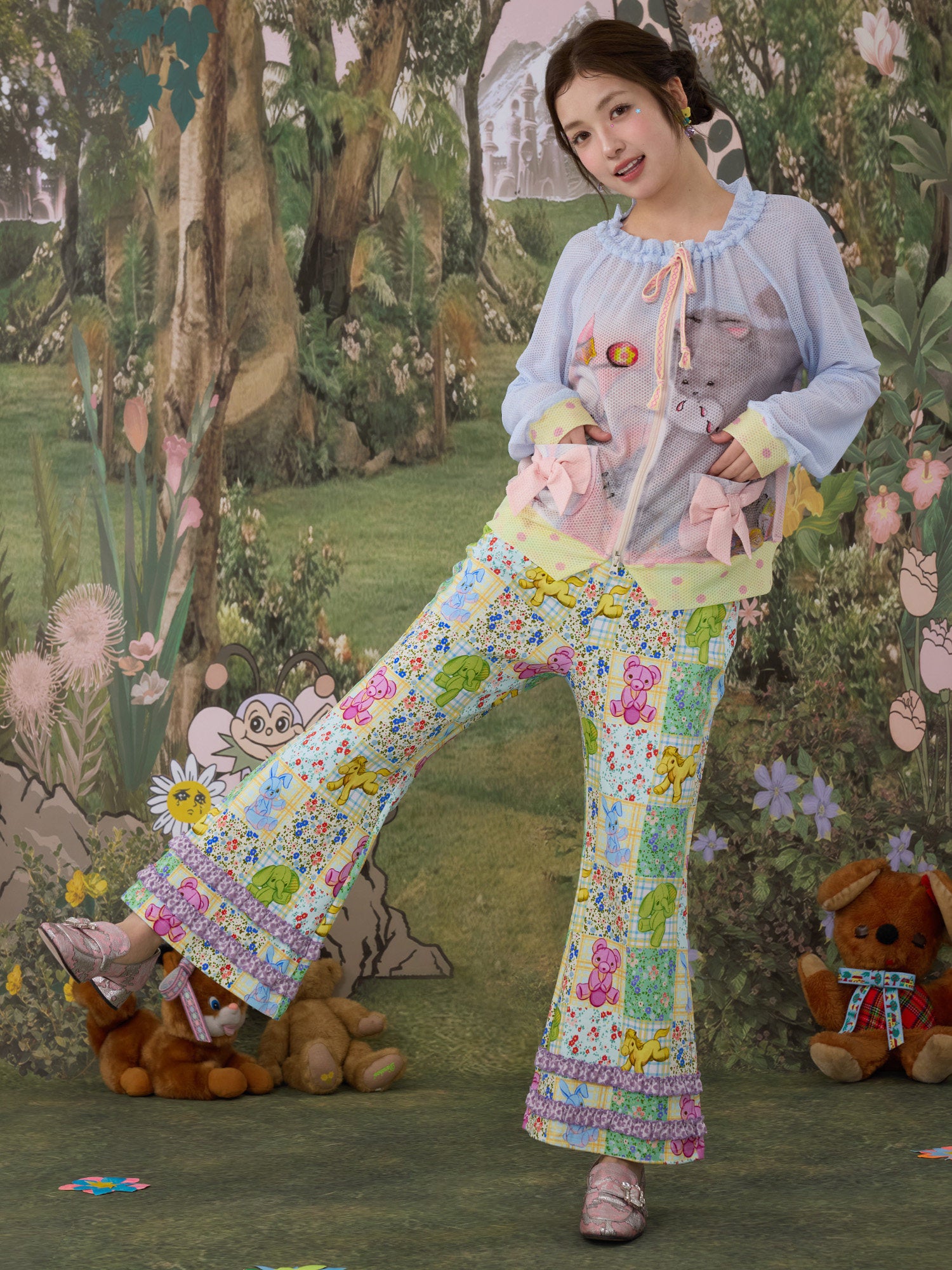 tntntutu - Mesh Print Zip Cardigan Jacket Land Decora
