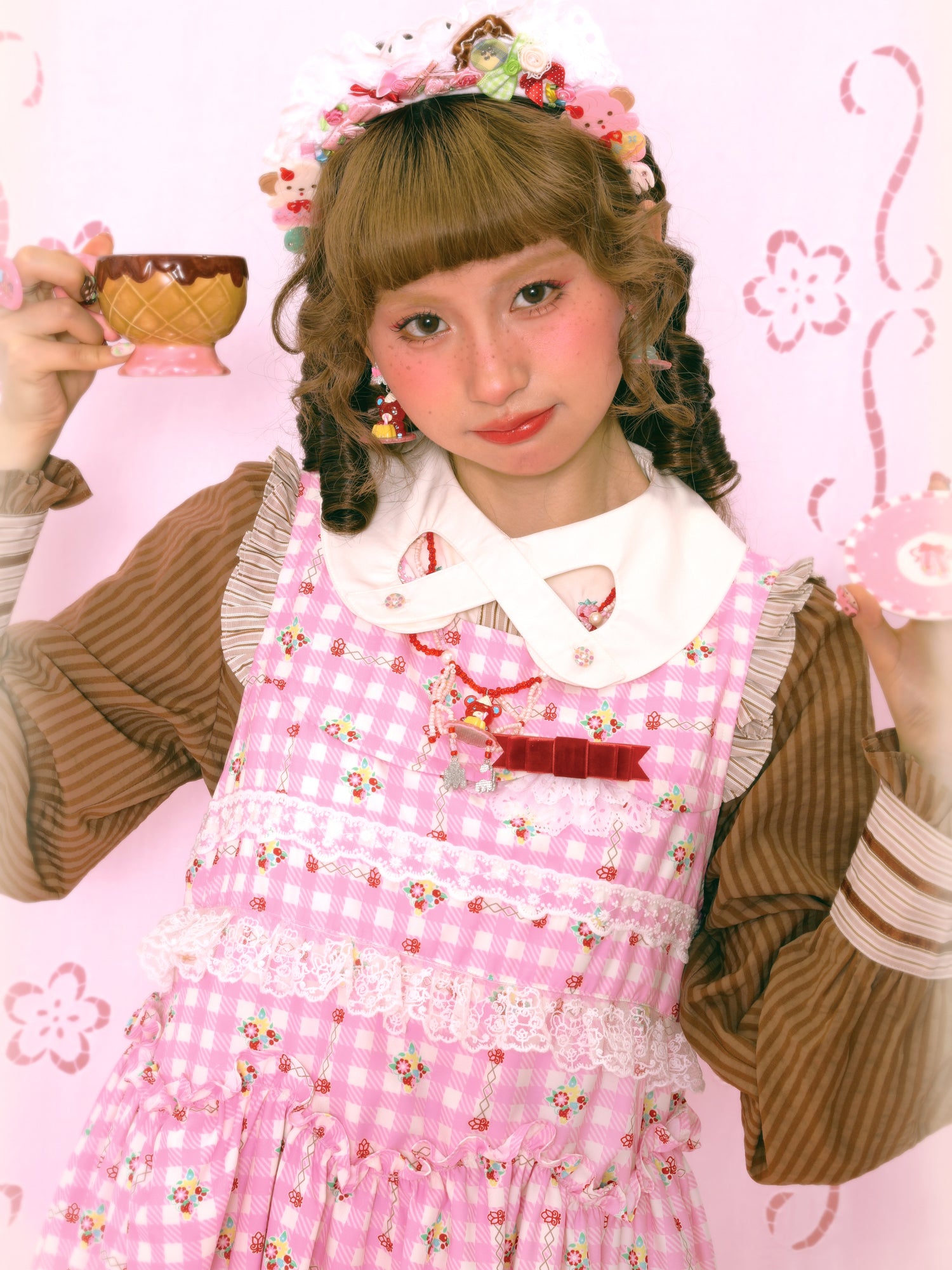 Lutra Jump - Kawaii Pink Plaid Bunny Dress Lace Bow Long Loose dress Lutra Jump
