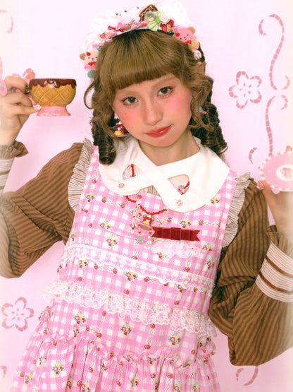 Lutra Jump - Kawaii Pink Plaid Bunny Dress Lace Bow Long Loose dress Lutra Jump