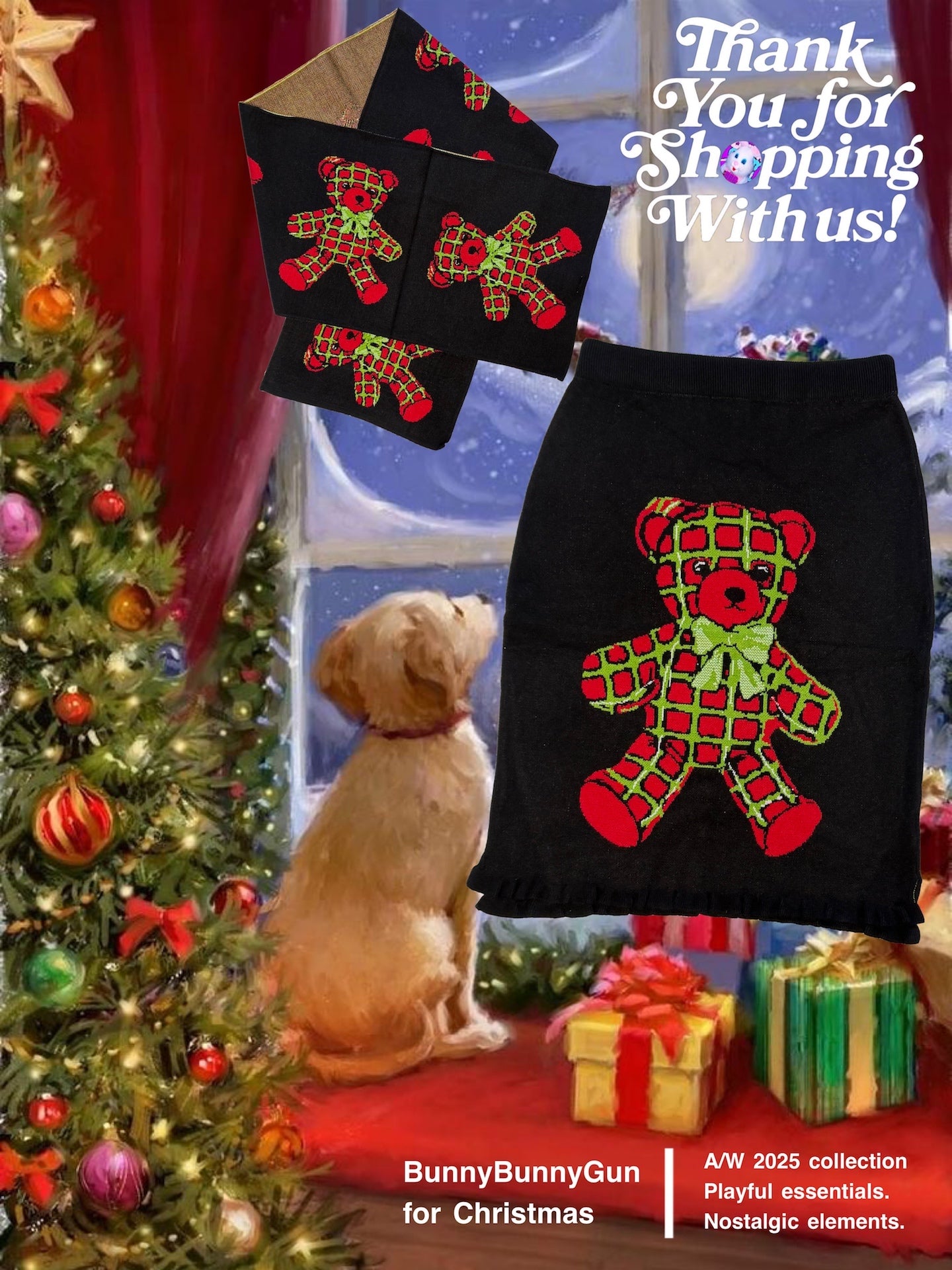 bunnybunnygun - Harajuku Christmas Bear Knit Skirt Scarf Set skirt bunnybunnygun
