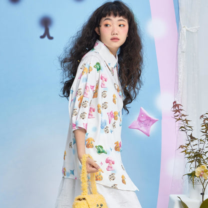 Harajuku Shirt White Dog Print Shirt Cute Summer Short Sleeve Shirt shirt Moon Meadow