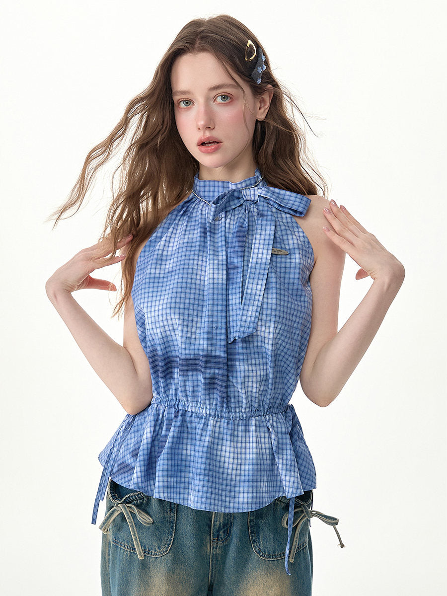 ziziFei - Blue Plaid Bow Halter Top shirt ziziFei
