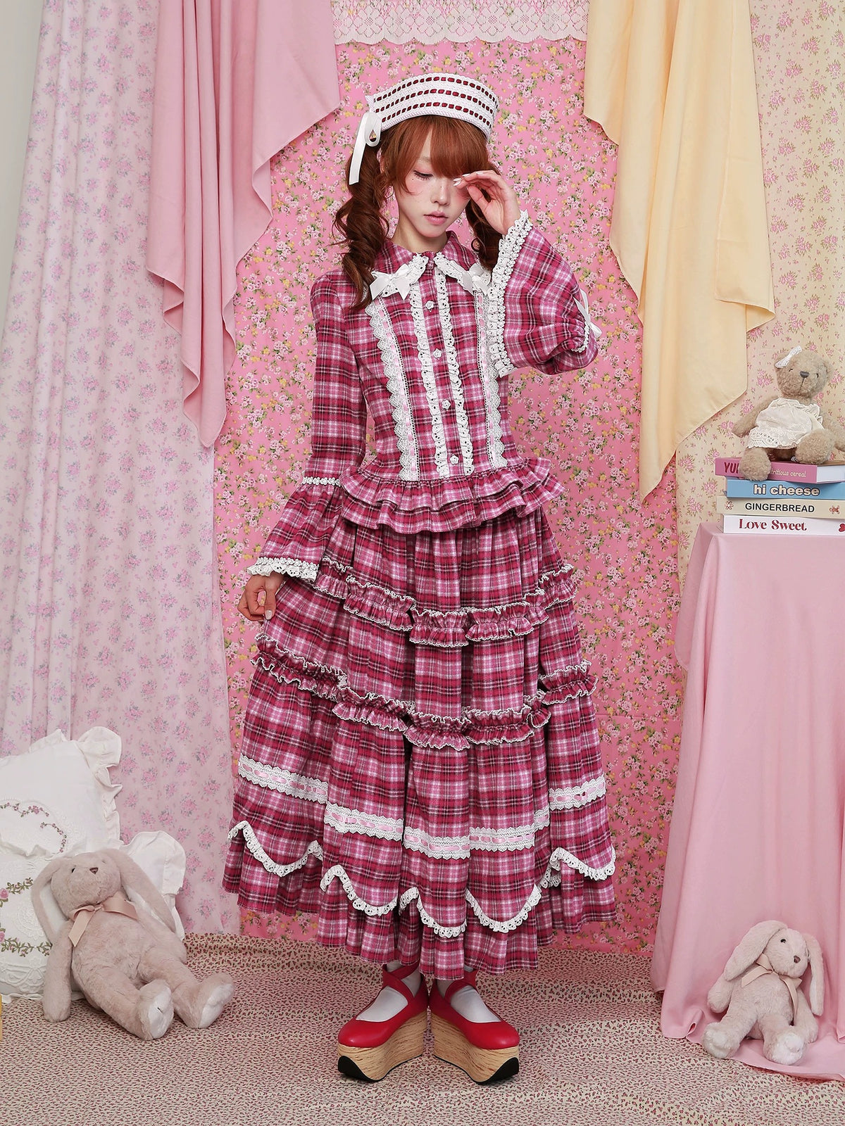 SOS MEME CLUB - Pink Plaid Showa Retro Midi Skirt skirt SOS MEME CLUB