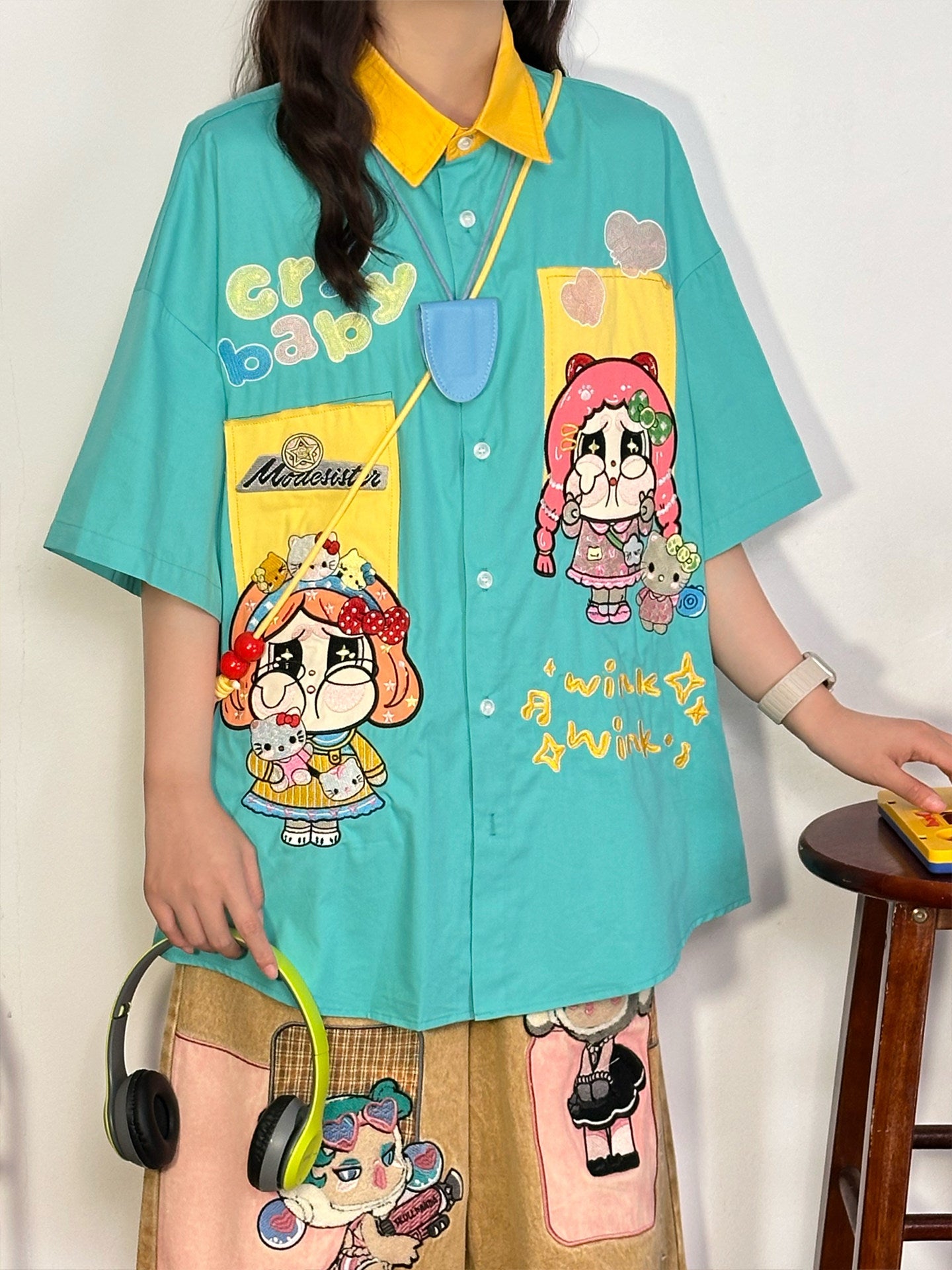 Blue Cartoon Embroidered Shirt shirt soldout