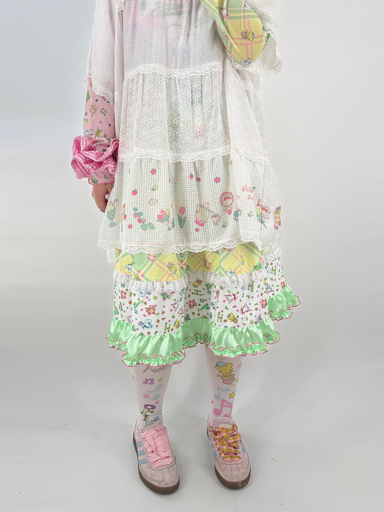 Shishihshop Green Plaid Patchwork Midi Skirt | Harajuku Vintage Ruffle Skirt skirt shishihshop