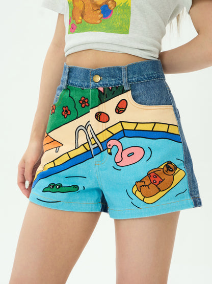 Robootoo - Blue Pool Print Denim Shorts shorts Robootoo