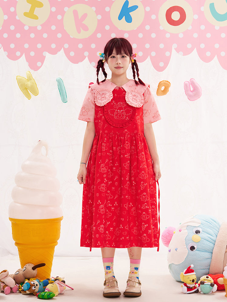 NIKKOU Pink & Red Sleeveless Jumper Dress | Harajuku Embroidered Dress dress Nikkou home