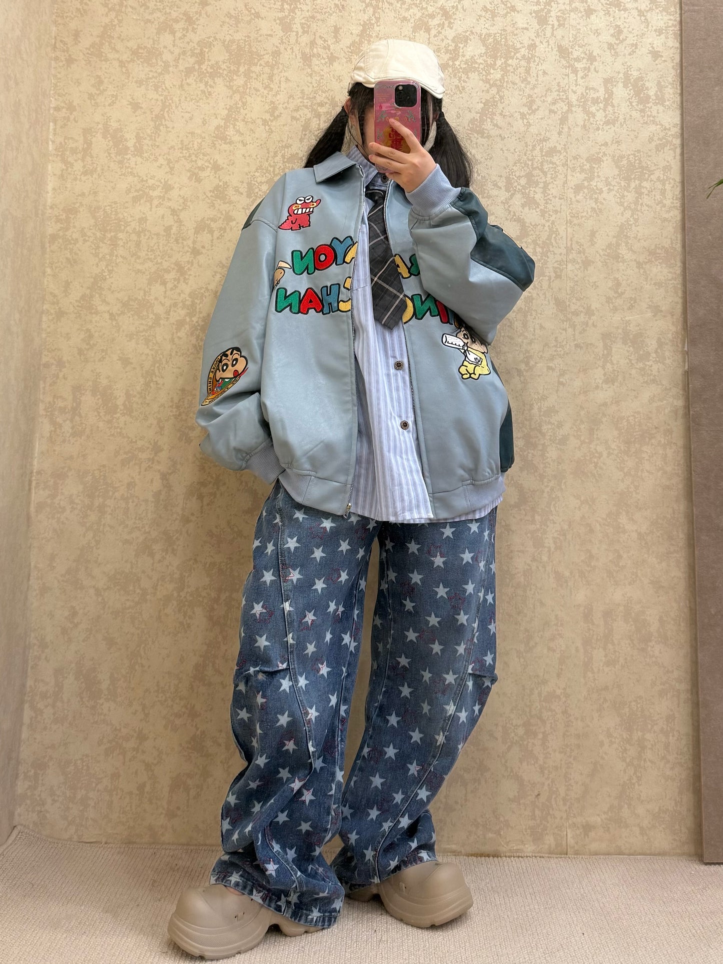 BIBULU - Kidcore Baseball Jacket Blue Embroidered PU Unisex jacket BIBULU