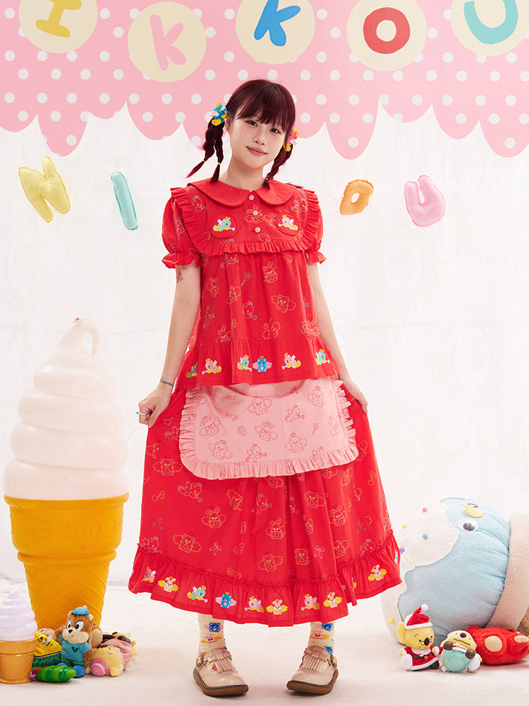 NIKKOU Kawaii Embroidered Red Skirt | Cotton Skirt with Detachable Apron skirt Nikkou home