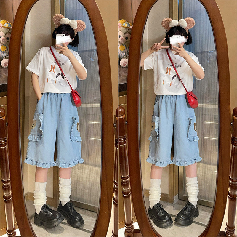 Naive – Embroidered Bear Denim Shorts pants Naive