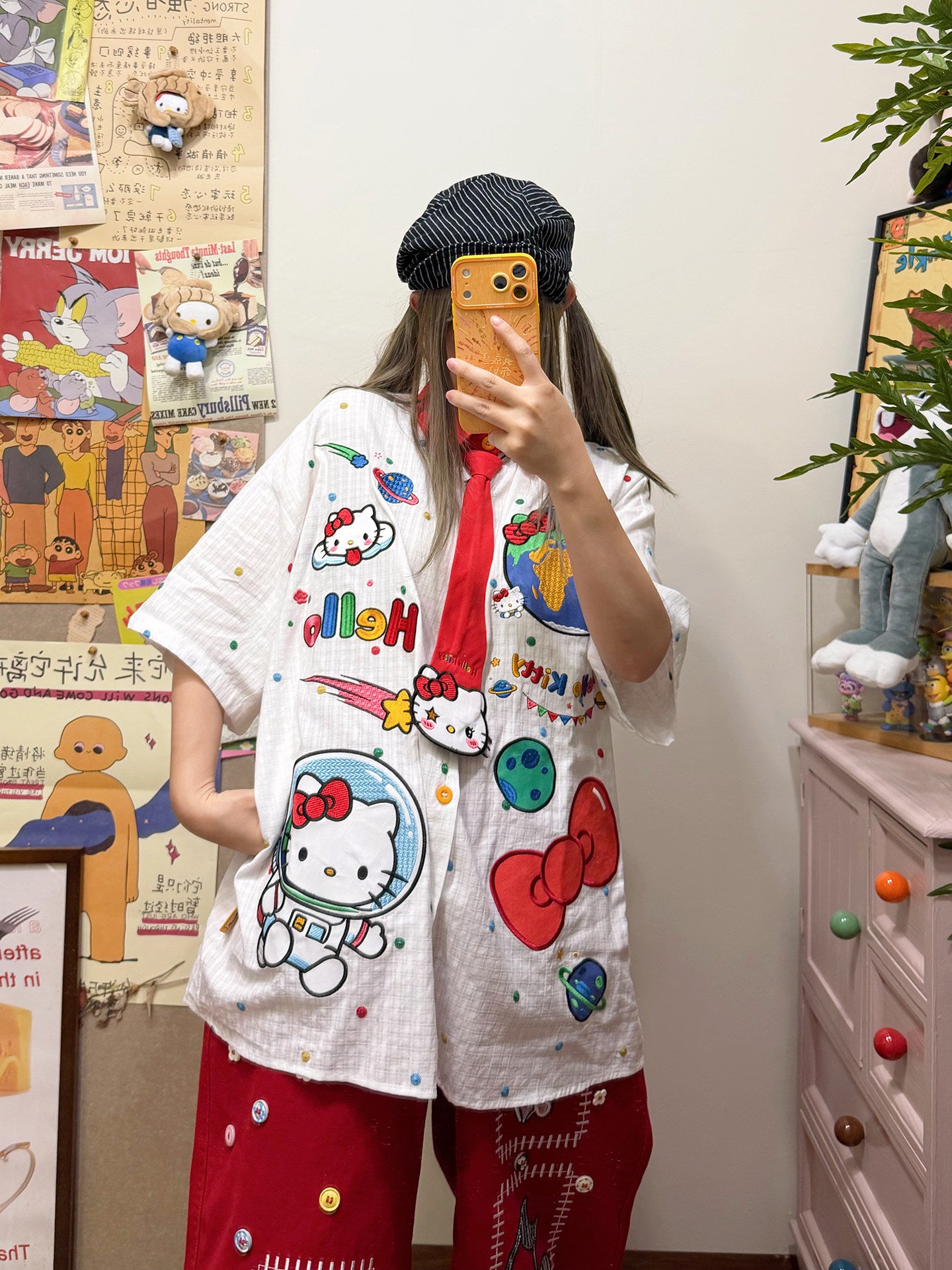 BIBULU - Cat Embroidered Polka Dot Shirt shirt BIBULU Red M