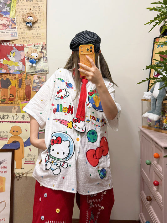 BIBULU - Cat Embroidered Polka Dot Shirt shirt BIBULU Red M