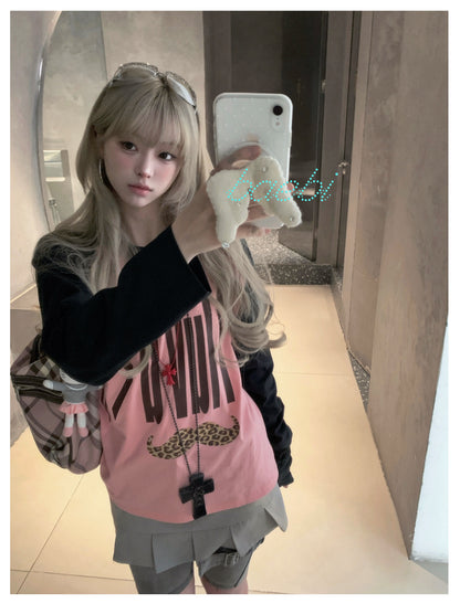 bae bi - Y2K Leopard Letter Raglan Long Sleeve T-Shirt tshirt Bae Bi