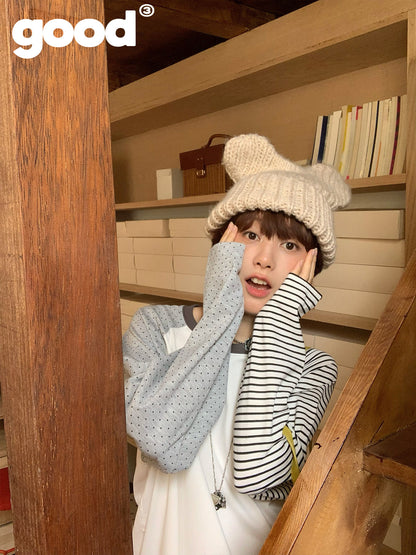Meihao Store - Striped Polka Dot Patchwork Long Sleeve T-Shirt