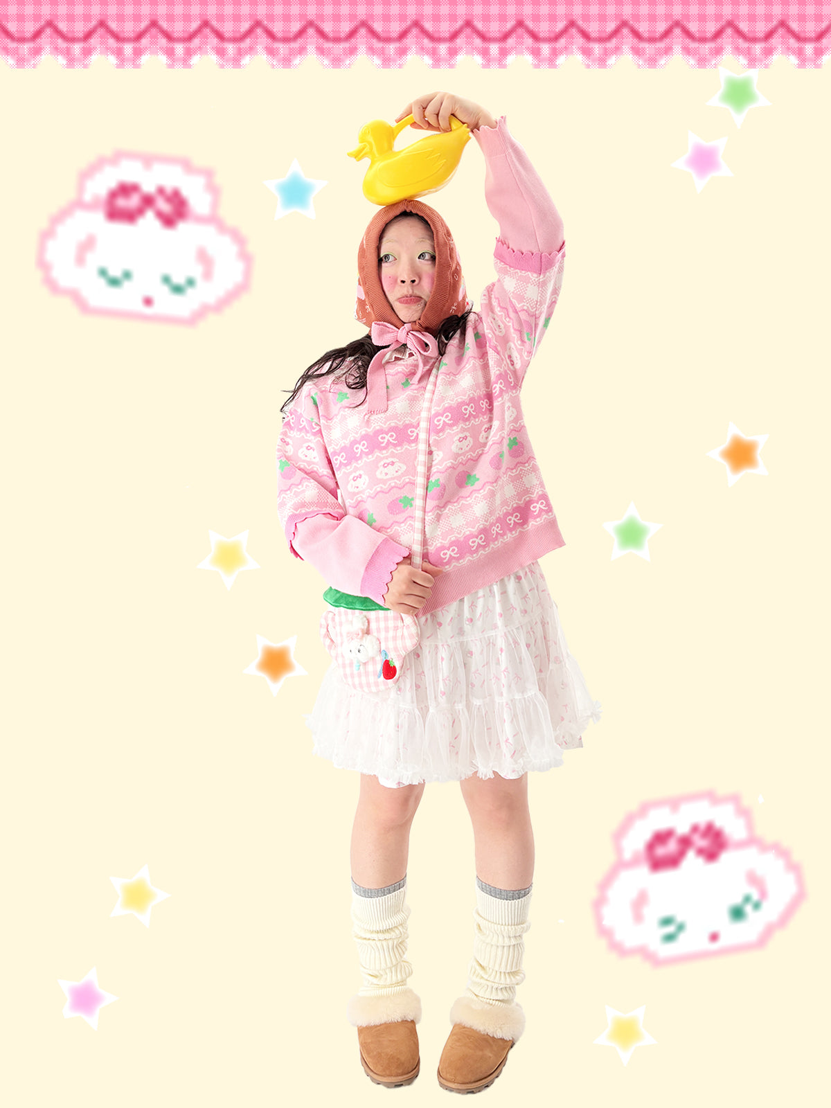 shishihshop Strawberry Puppy Sweater | Decora Bow Sweater | Kawaii Loose Pullover sweater shishihshop