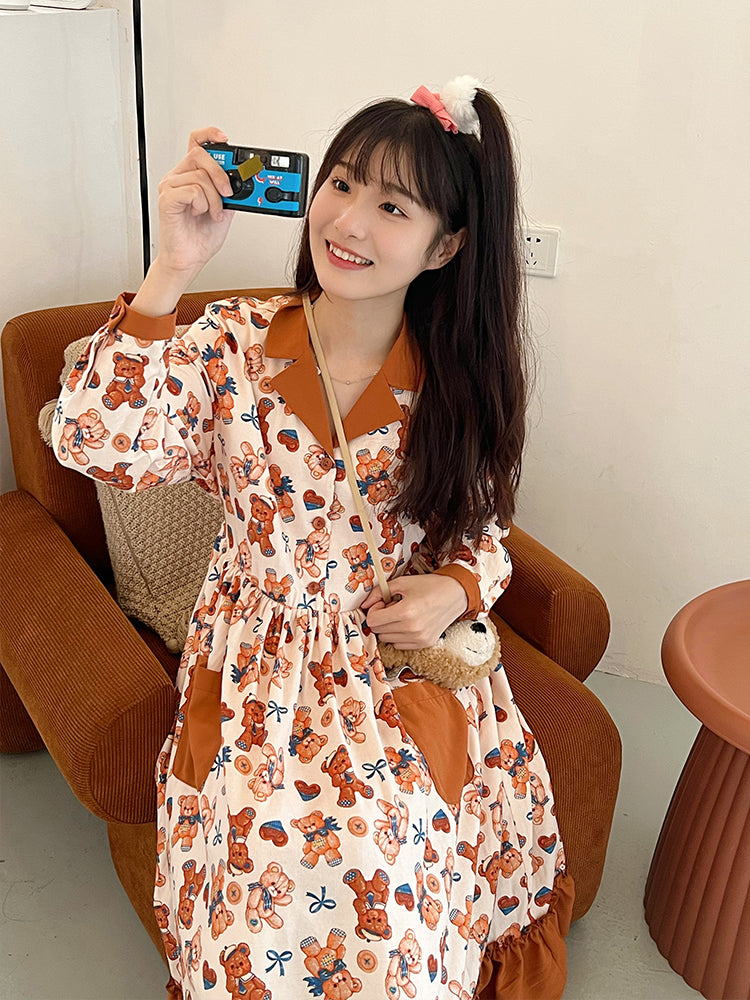 Mameya - Kawaii Bear Print Long-Sleeve Dress dress Mameya